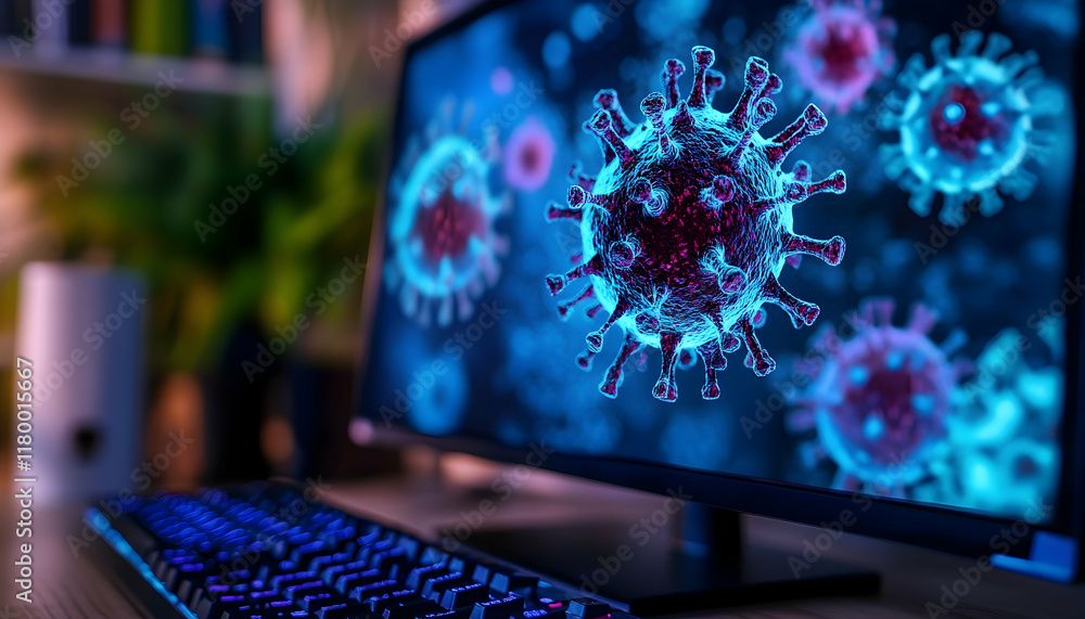 Aufkleber a computer screen shows a virus on a keyboard -