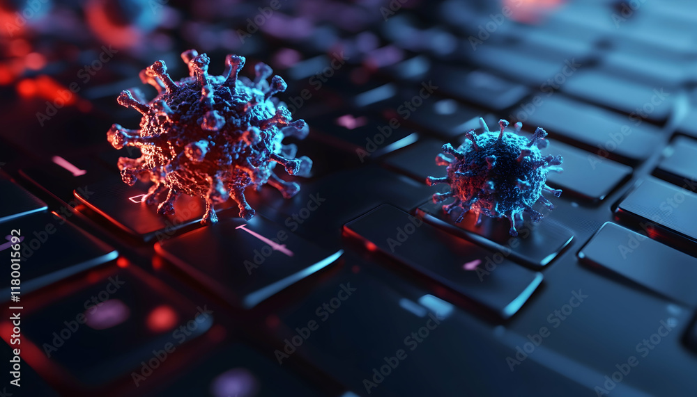 Aufkleber a computer screen shows a virus on a keyboard -