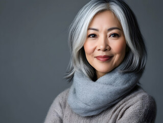 Fototapeta premium A confident Asian woman of middle age posing gracefully for a portrait, smiling warmly in a professional studio setting -