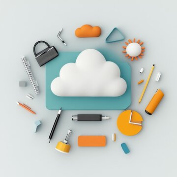 Creative flat lay of cloud computing symbols and stationery items featuring playful shapes and vibrant colors on a soft background for digital concept and design use