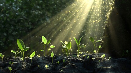 Obraz premium New sprouts growing with sunlight streaming through, illuminating the scene
