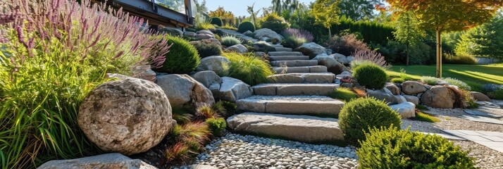 Zen Rock Garden Panorama with Stairs, Granite Balls, and Decorative Gravel
