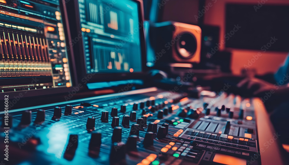 Poster a control room in a recording studio with engineers fine-tuning high-quality audio tracks -