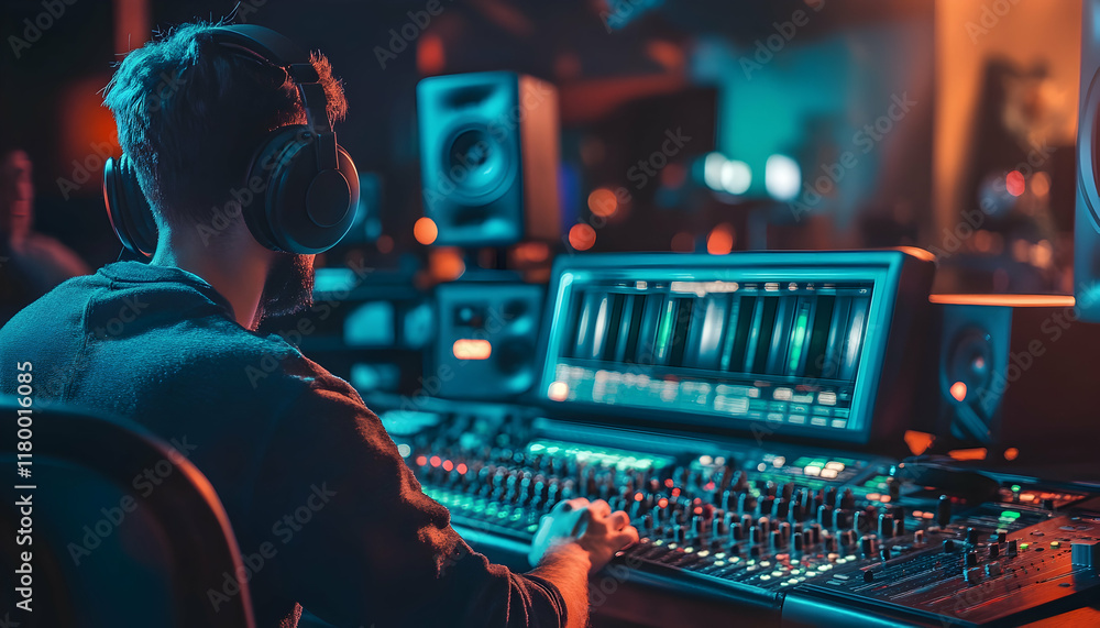 Poster a control room in a recording studio with engineers fine-tuning high-quality audio tracks -