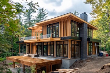 Modern architecture blends with nature in a beautiful forest setting near the construction site