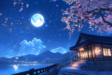 Obraz premium tranquil moonlit hanok