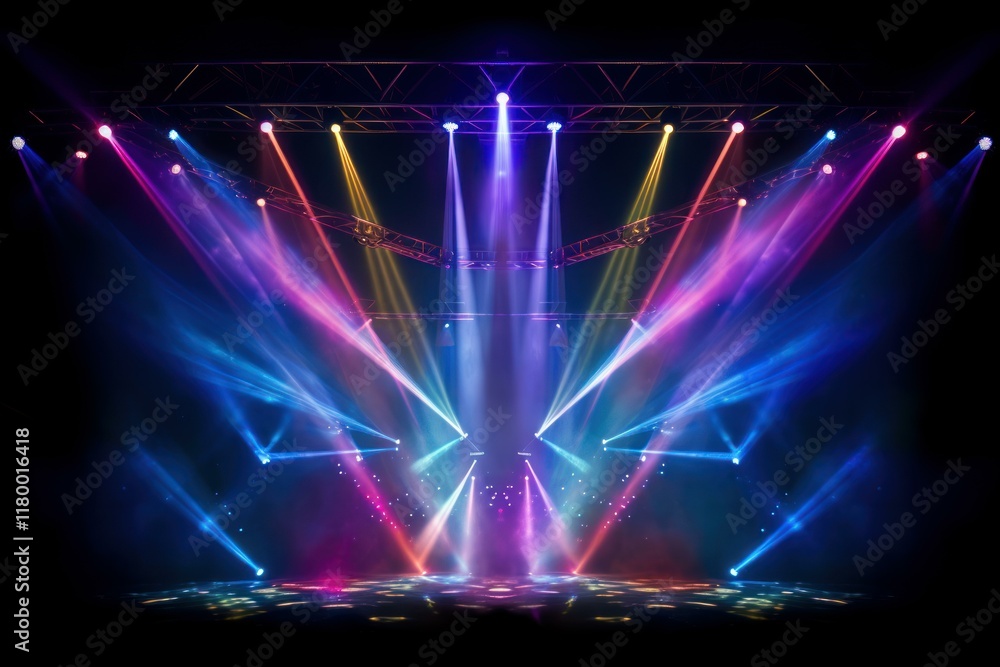 Poster multicolored stage lights illuminating an empty stage, creating a vibrant and dramatic atmosphere fo