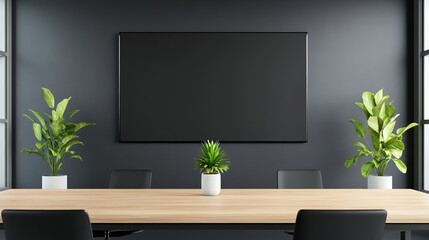 Modern Conference Room with Minimalist Design Featuring Two Green Plants, a Wooden Table, and a Large Blank Screen on Dark Wall for Professional Settings