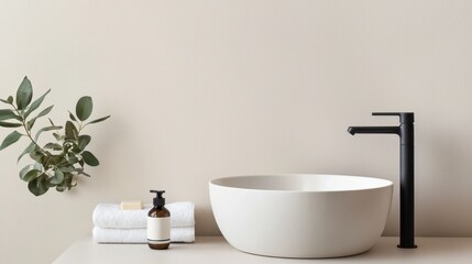 Fototapeta premium A modern bathroom sink setup featuring a sleek faucet, a minimalist bowl, and neatly arranged toiletries against a soft-toned wall.