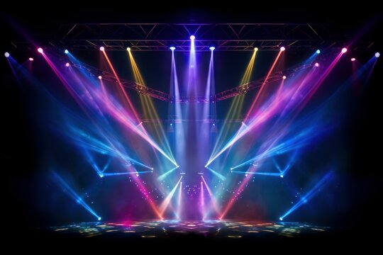 Multicolored stage lights illuminating an empty stage, creating a vibrant and dramatic atmosphere for a show or concert - Powered by Adobe