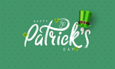 Naklejka premium Happy Saint Patrick's Day logotype. Irish celebration design. Beer festival lettering typography icon. Drawn typography badge with green hat and shamrock. Vector elements isolated on green background.