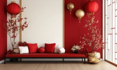 Red Asian living room, lanterns, blossoms, minimalist design, interior mockup