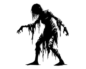 Fototapeta premium Female figure with outstretched arms, tattered clothing, and hunched posture, embodying the classic characteristics of zombie. Clipart image isolated on white background 