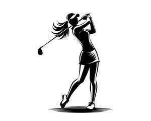 Female figure in golf posture silhouette. Clipart image isolated on white background 