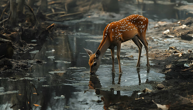 A deer cautiously drinks from a polluted stream, the water tainted with visible oil slicks and floating debris, illustrating environmental impact  -
