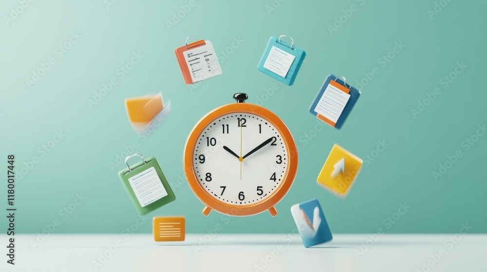 Poster vibrant orange alarm clock surrounded by colorful clipboards and notes representing time management 