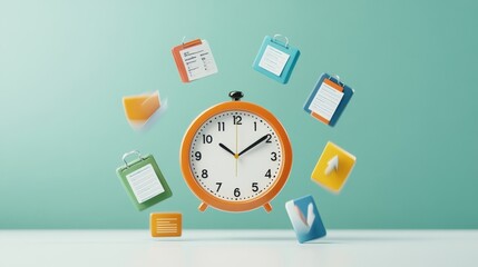 Vibrant Orange Alarm Clock Surrounded by Colorful Clipboards and Notes Representing Time Management and Organization Skills in a Modern Workspace Setting