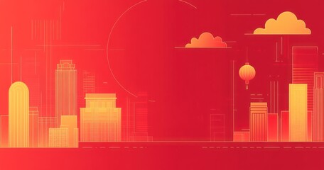 Red city skyline, lantern, clouds, sunset, Asian design, website banner