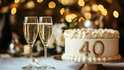 A festive cake with the number 40 sits alongside champagne glasses on a table, ready to celebrate a milestone event  -