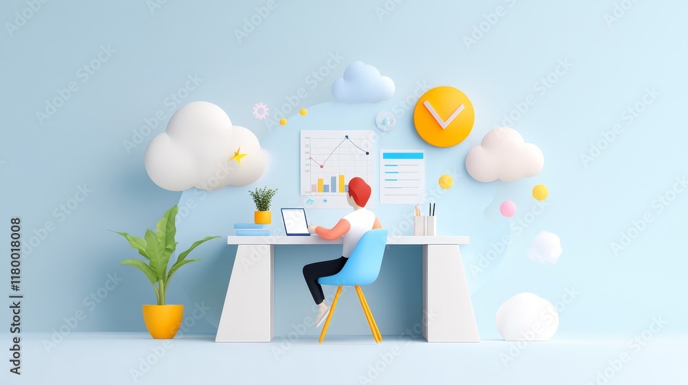 Aufkleber modern workspace with person using laptop surrounded by colorful digital elements and plants for pro