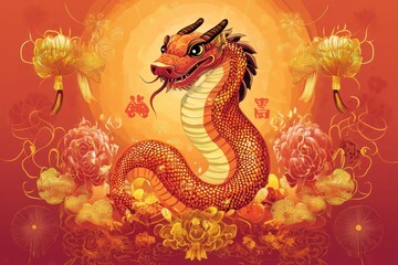 Fototapeta premium Red Dragon, Chinese New Year, Floral Background, Celebration, Lunar