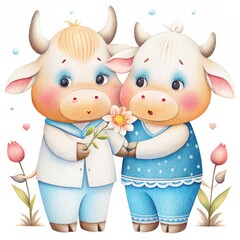 Loving Cow Couple with Flower - Two adorable cartoon cows, a male and female, share a flower, symbolizing love, tenderness, friendship, spring, and romance.
