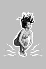 Creative abstract template graphics collage image of funny lady jumping diving water bloated cheeks...