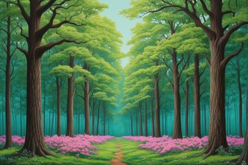 painting of a path through a forest with pink flowers