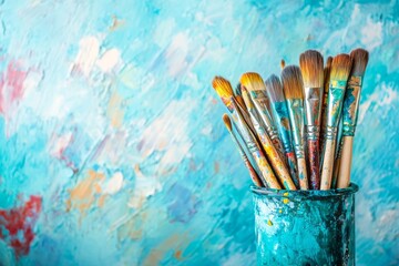 Fototapeta premium glass jar containing brushes and other art supplies on a white background