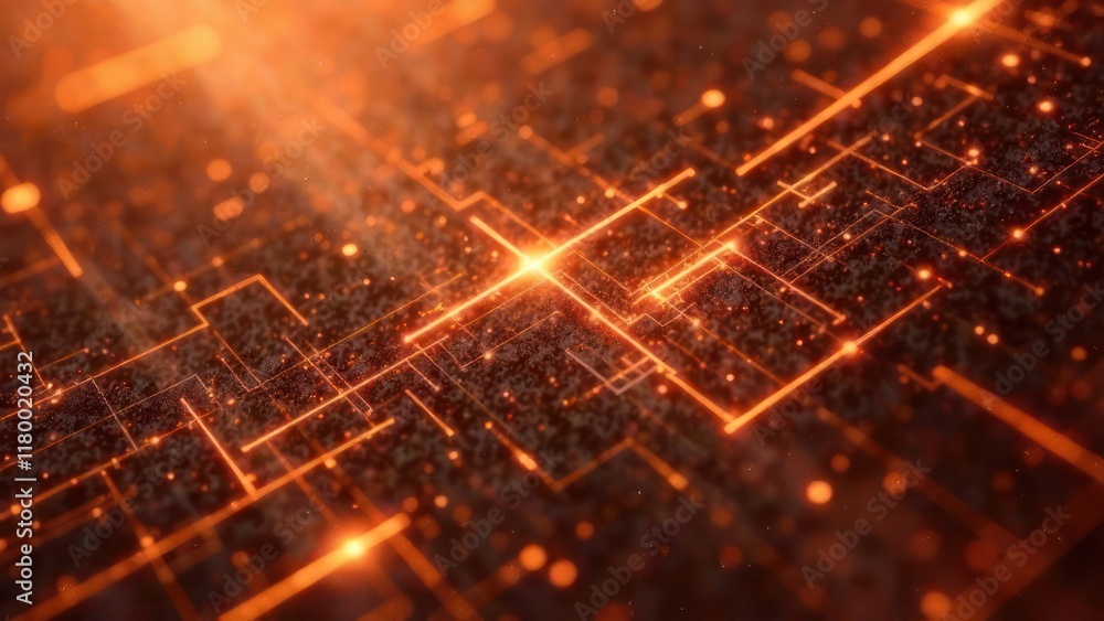 Poster glowing light beams and particles radiate against dark background. technology concept, abstract geom