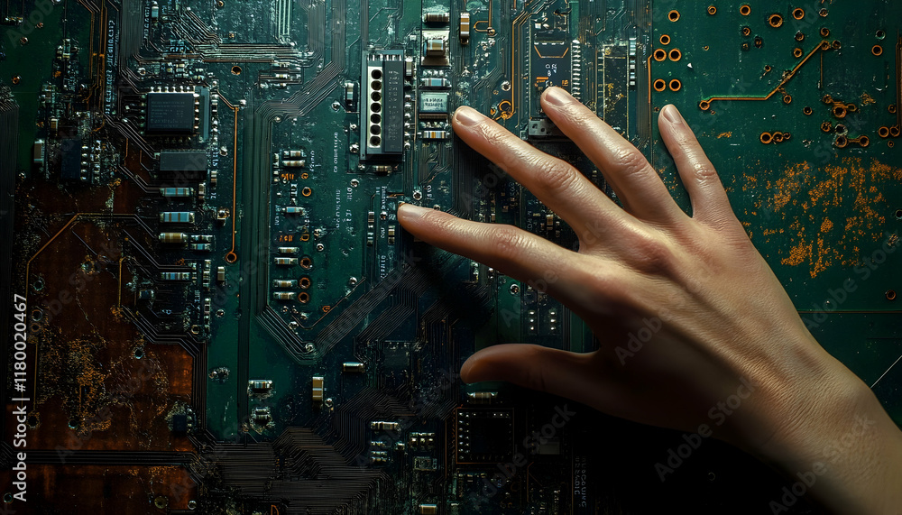 Aufkleber a hand reaching into a circuit board, possibly to fix a problem -