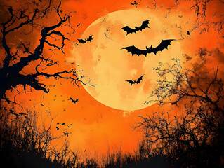 A Halloween scene featuring a large glowing moon in the background with bats flying across the sky -