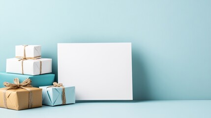 Stylish and Minimalist Gift Setup with Premium Wraps and Blank Canvas on a Soft Blue Background for Creative Holiday or Celebration Themes