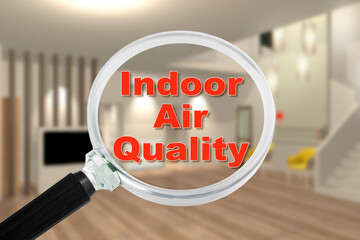 INDOOR AIR QUALITY CONCEPT with residential home interior and magnifying glass