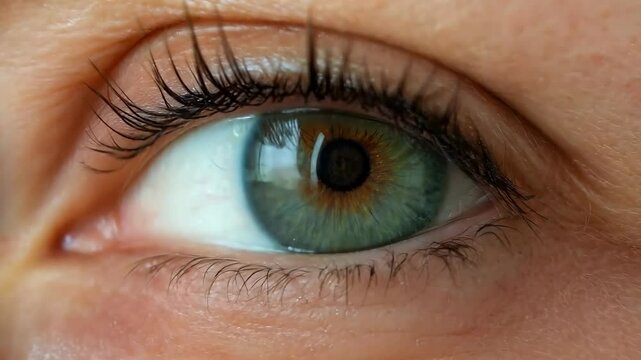 Woman opening eye showing green iris and pupil dilation