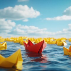 Leadership concept. Red paper ship leading among yellow paper boats on water surface