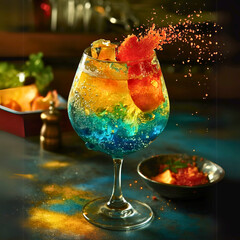A dazzling cocktail featuring a mix of blue and golden liquid with citrus garnishes, served in a stemmed glass. The vibrant splash effect and sparkling elements create a dynamic and lively presentatio