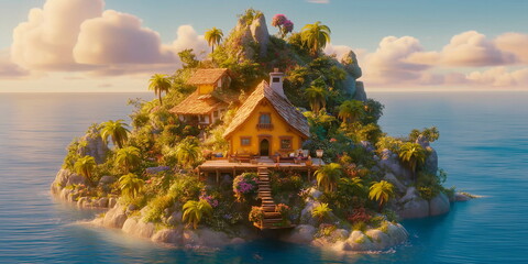 A lost island with a tiny house surrounded by palm_002