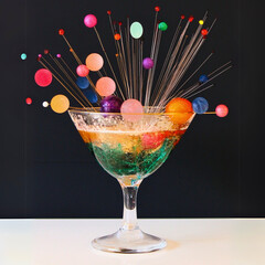 stunningly creative cocktail in a martini glass, featuring a vibrant array of colorful orbs and pins bursting from the drink like a cosmic explosion. The mix of gold and green liquid adds a sparkling 
