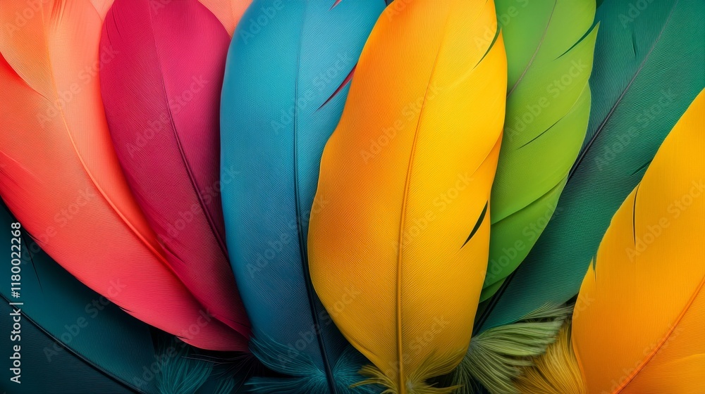 Poster a vibrant display of multicolored feathers in various shades arranged in a beautiful pattern showcas