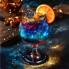 mesmerizing cocktail served in a martini glass, emitting vibrant pink and blue swirling smoke. The drink's dynamic presentation against a bar backdrop exudes mystery and creativity, perfect for upscal