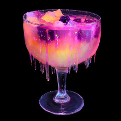 A vibrant and artistic illustration of a cocktail glass filled with glowing, multicolored neon liquid and ice cubes. The dripping effect on the glass enhances the surreal and futuristic vibe, creating
