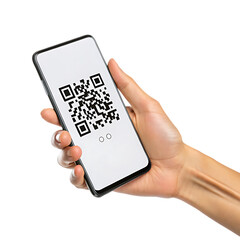 Hand Holding Smartphone with QR Code on Screen isolated on white background as transparent. PNG.AI GENERATED