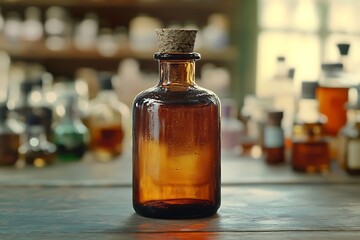 Magic potion in glass bottle on a dark background. Toned.