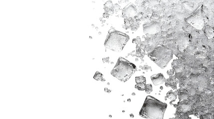 Cascading ice cubes tumbling into a crystal-clear backdrop of refreshing clarity