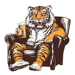 Illustration of a majestic tiger lounging in an armchair, holding a frothy pint of beer. The design blends a humorous and bold style, perfect for branding, t-shirt designs, bar logos, or unique promot