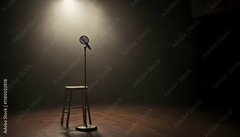 Poster a microphone on a stand and a stool on a minimalist comedy stage, illuminated by a stark spotlight, 