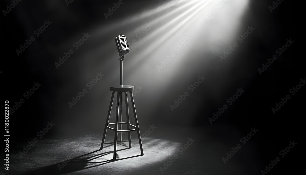 Poster a microphone on a stand and a stool on a minimalist comedy stage, illuminated by a stark spotlight, 