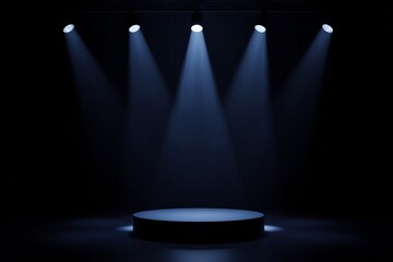 a dimly lit stage with spotlights and a round pedestal