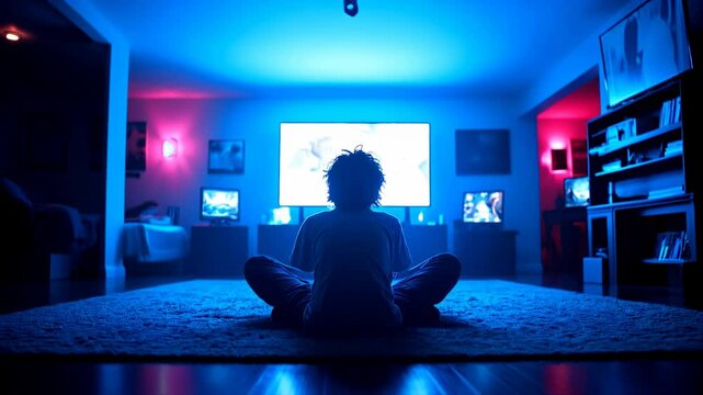 Trop d'&eacute;cran. Enfant devant la t&eacute;l&eacute; le soir. 